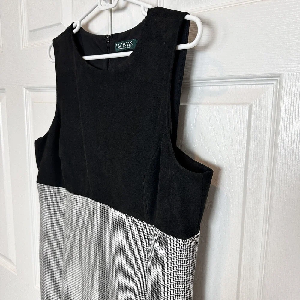 LAUREN RALPH LAUREN Black Suede Bodice Houndstooth Print Sleeveless Dress‎ Sz 16